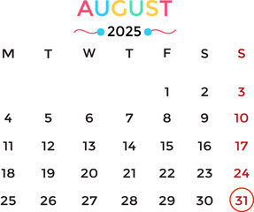 August 2025 calendar on a white background. Minimalist August calendar template with clean layout and modern design. Perfect for scheduling, planning, time management, office, business, school