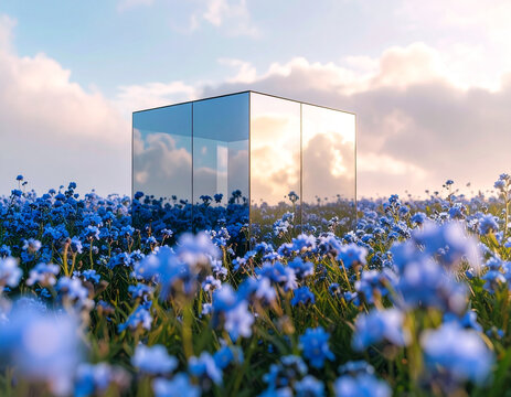 Surreal Mirror Cube in Blue Flower Field