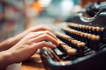 Words in Action: A writer's hands dance across the keys of a vintage typewriter, capturing a moment of creativity and storytelling.
