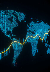 world map and binary code, Financial market digital graph with blue neon bars and yellow lines on dark virtual background, showing stock growth and currency exchange concept. 3D Rendering