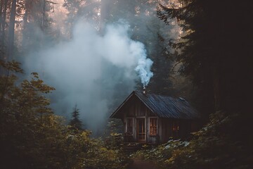 Escape to a cozy woodland cabin retreat with inviting smoke rising from the chimney, promising warmth and solitude in nature's embrace