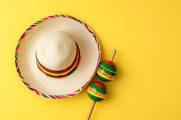 Traditional mexican sombrero and maracas on a vibrant yellow background