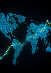 world map and binary code, Financial market digital graph with blue neon bars and yellow lines on dark virtual background, showing stock growth and currency exchange concept. 3D Rendering
