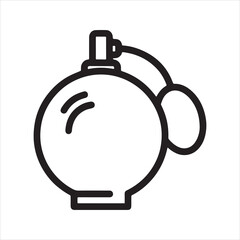 Perfume bottle outline vector icon. Simple black and white line art illustration of a vintage atomizer. Symbol for fragrance, scent, beauty, and luxury.
