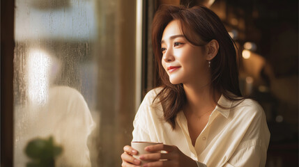 Elegant Young Woman Enjoying Coffee by Window in Cozy Café Setting with Warm Lighting and Calm Atmosphere