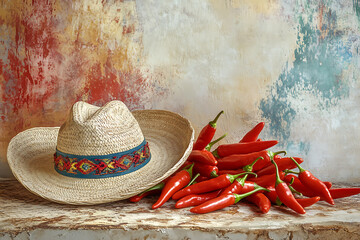 Straw cowboy hat and spicy red chili peppers on a textured background