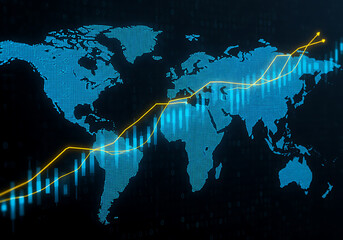 world map and binary code, Financial market digital graph with blue neon bars and yellow lines on dark virtual background, showing stock growth and currency exchange concept. 3D Rendering