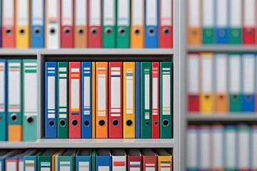 Colorful file folders on shelves for office organization and document management system concept