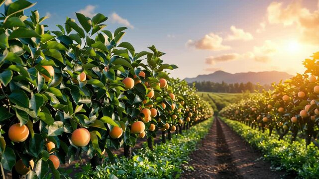 A picturesque orchard at sunset, featuring rows of trees laden with ripening apples and a serene landscape in the background.