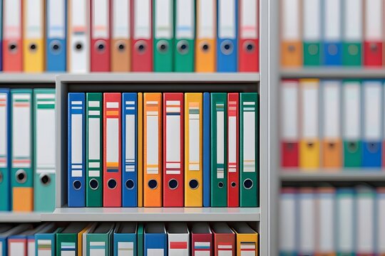 Colorful file folders on shelves for office organization and document management system concept