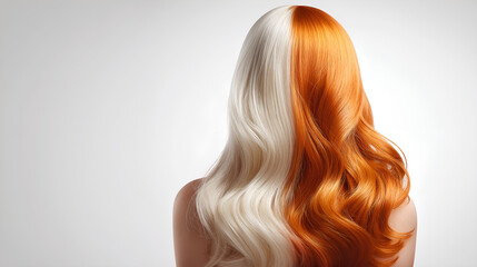Dichromatic Hair: An artistic rear view of a woman featuring split-toned hair, with one half a radiant orange and the other a sleek blonde, elegantly flowing.