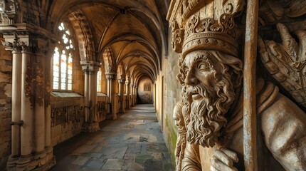 Ornate Cathedral Hallway with Statue of Man and Gargoyles