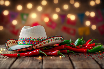 Fiesta celebration with sombrero and spicy peppers