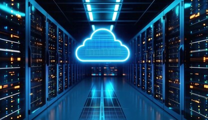 A futuristic data center with glowing servers and a stylized cloud symbol, representing cloud computing technology and digital storage solutions.