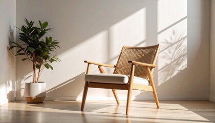 Serene Sunlight Illuminates a Mid-Century Modern Chair and Plant in a Minimalist Room