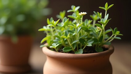 Fototapeta premium Close up view of small green plant in a terracotta pot with blurred background indoors