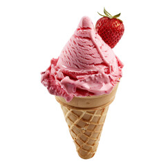 Pink strawberry ice cream in a waffle cone.  Fresh, delicious, summer treat
