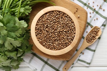 Coriander seeds and fresh cilantro on white wooden table, flat lay