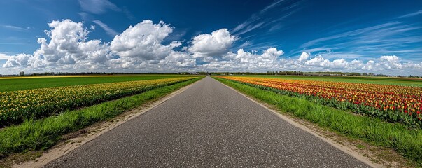 Asphalt Road Flanked by Vibrant Yellow and Red Tulip Fields with Green Grass Under Blue Sky