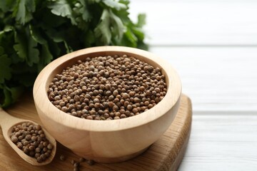 Coriander seeds and fresh cilantro on white wooden table, closeup