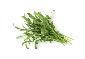 Fresh ripe green arugula leaves isolated on white, top view
