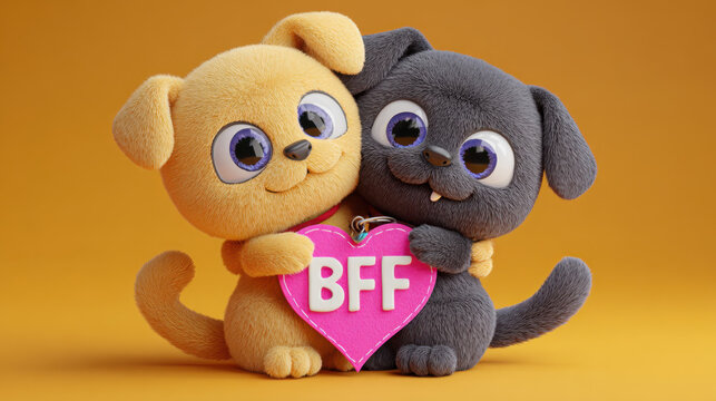 Two cartoon dogs hugging holding heart shaped sign with BFF letters - Powered by Adobe