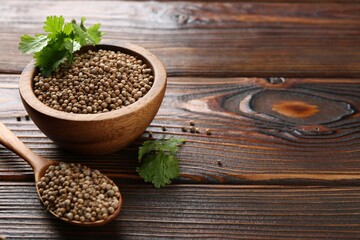 Coriander seeds and fresh cilantro sprigs on wooden table, closeup. Space for text