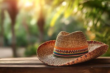 Woven cowboy hat resting on a wooden surface with soft bokeh background