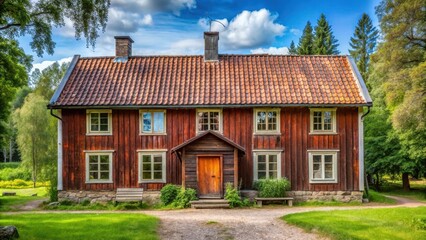Rustic Swedish farmhouse in Hojentorp with wooden door and windows , woods, farm,  woods, farm