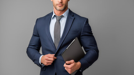 Professional Businessman in Formal Suit Holding a Folder, Business Attire for Corporate and Office Settings