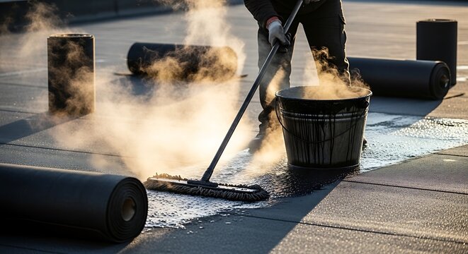 A roofer applying hot, steaming liquid sealant with a squeegee for waterproofing a flat roof.
