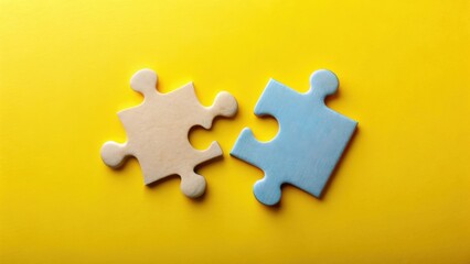 Obraz premium Two Interlocking Puzzle Pieces on a Vibrant Yellow Background Representing Unity and Connection