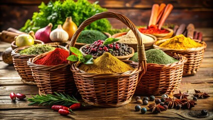 Aromatic spices arranged in a colorful basket on a wooden table, kitchen, ingredients