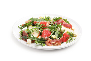 Tasty salad with arugula, prosciutto, cheese, pear, grapefruit and nuts isolated on white