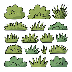 Collection of cartoon bushes and grass illustrations