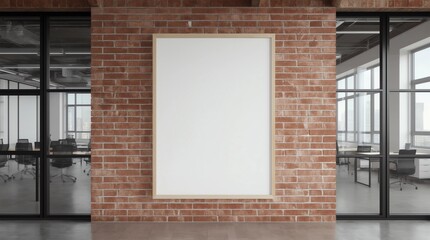 Blank vertical poster mock up on the red brick wall in office interior. 3d illustration