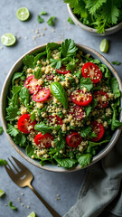Healthy Couscous Salad with Cherry Tomatoes and Fresh Greens