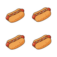 Four cartoon hot dogs with mustard on a white background pattern