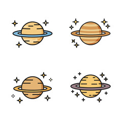 Four Cute Cartoon Planets with Rings and Sparkling Stars Around Them
