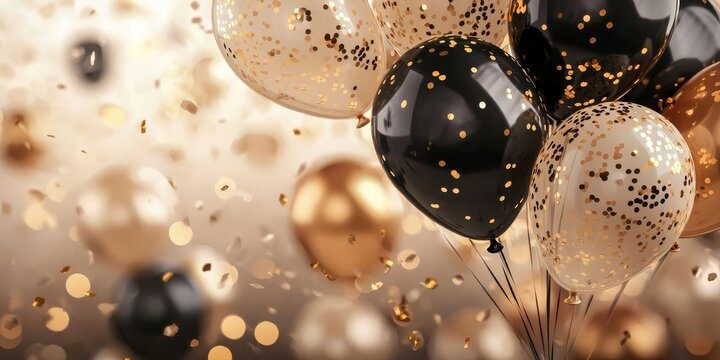 A close-up view of translucent beige and black balloons filled with sparkling gold confetti.