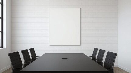 Blank vertical poster mock up on the white brick wall in office interior. 3d render.