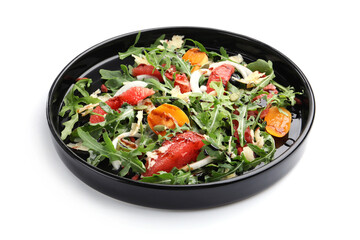 Tasty salad with arugula, cheese, grapefruit, vegetable and balsamic sauce isolated on white