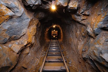 Naklejka premium Dark Mine Tunnel with Wooden Tracks and Cart under Illuminated Lights