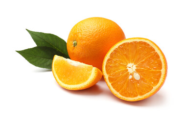 Whole, cut oranges and green leaves isolated on white