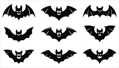 Funny and Scary Bat Silhouette Icon Set for Halloween Vector Illustration