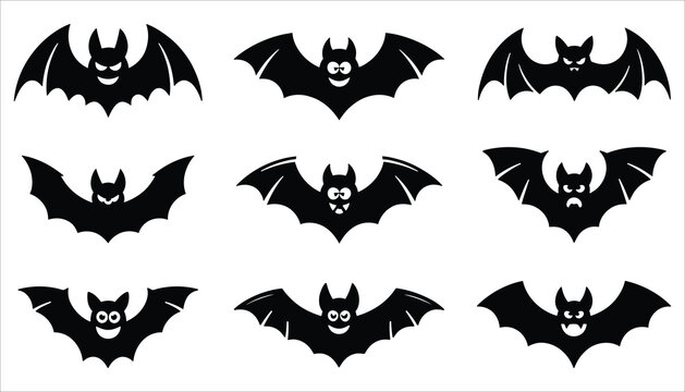 Funny and Scary Bat Silhouette Icon Set for Halloween Vector Illustration