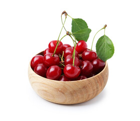 Yummy ripe red cherries in bowl isolated on white