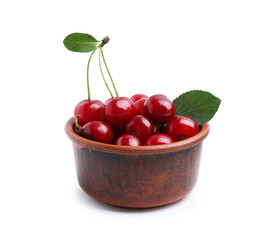 Yummy ripe red cherries in bowl isolated on white