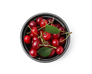 Yummy ripe red cherries in bowl isolated on white, top view