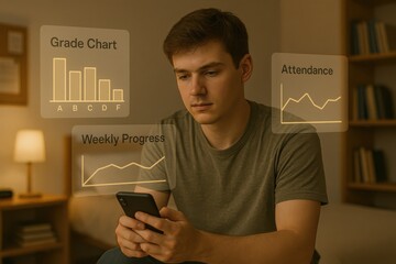 College student tracking grades, attendance, and weekly academic progress on smartphone in dorm room
